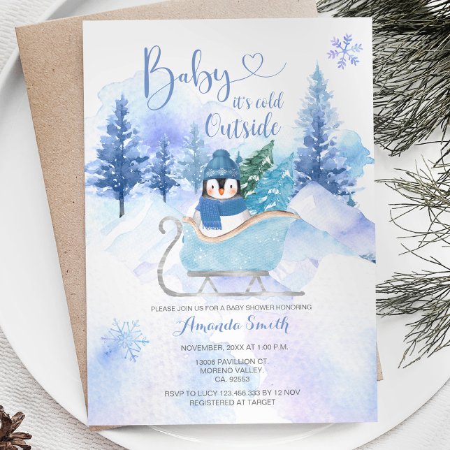Winterpinguin ARCTIC ANIMAL Snowflake Babydusche Einladung (Von Creator hochgeladen)