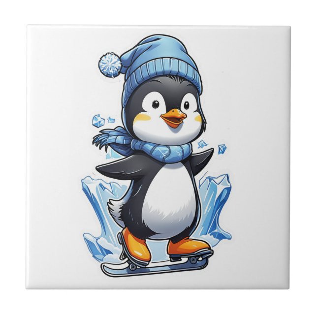 Winterpinguin Eisstockschießen Fliese (Vorderseite)