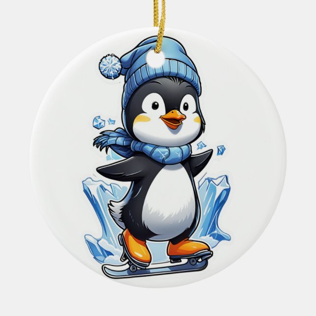 Winterpinguin Eisstockschießen Keramik Ornament (Vorne)