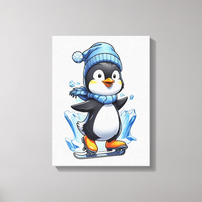 Winterpinguin Eisstockschießen Leinwanddruck (Vorderseite)