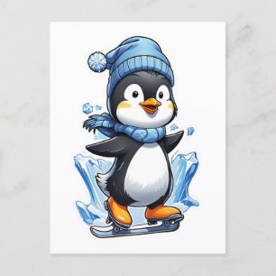 Winterpinguin Eisstockschießen Postkarte
