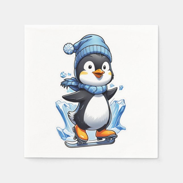 Winterpinguin Eisstockschießen Serviette (Vorderseite)