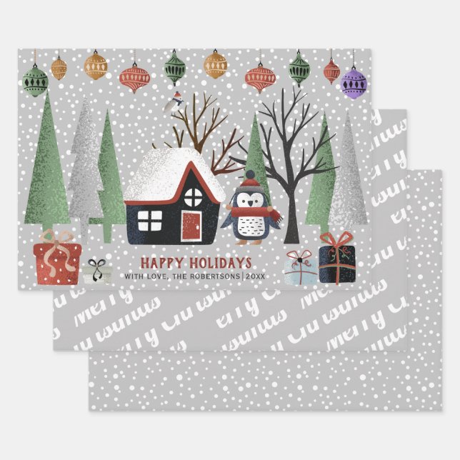 Winterpinguin, frohe Weihnachten und Schneeflocken Geschenkpapier Set (Set)