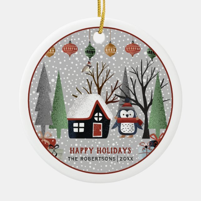 Winterpinguin, Happy Holidays und Schneeflocke Keramik Ornament (Vorne)