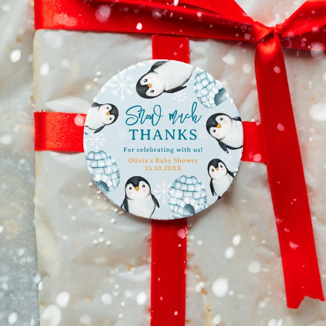 Winterpinguin Iglus Schnee Babydusche Danke Runder Aufkleber (Winter penguin igloos snow baby shower thank you classic round sticker)