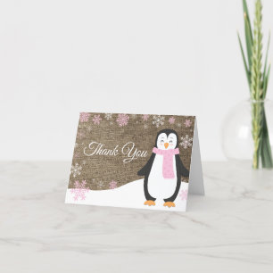Winterpinguin Snowflake Pink Burlap Dankeskarte