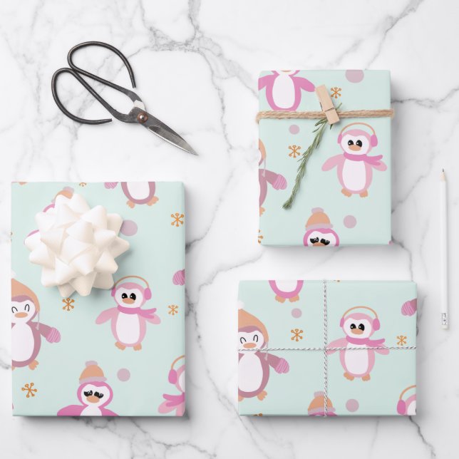 Winterpinguinminze und rosa Urlaub Geschenkpapier Set (Vorderseite)