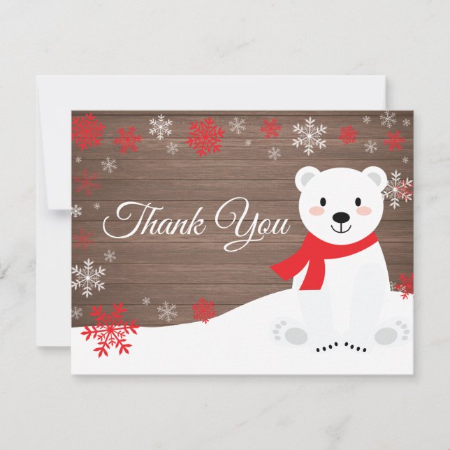 Winterpolarbär Roter Schneeflocken Danke Karte (Vorderseite)