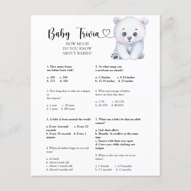 Winterpolare Bär - Baby Trivia | Baby Showspiel (Vorderseite)