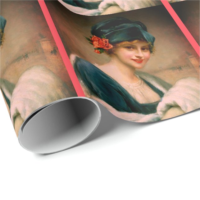 Winterporträt einer Vintagen Pelzfrau Geschenkpapier (Rolleneckpunkt)