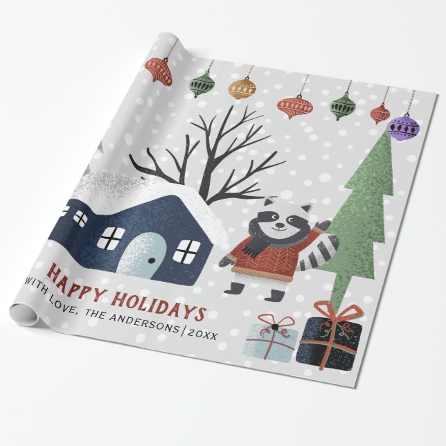 Winterracoon, Bäume und Haus Weihnachten Geschenkpapier (Ungerollt)