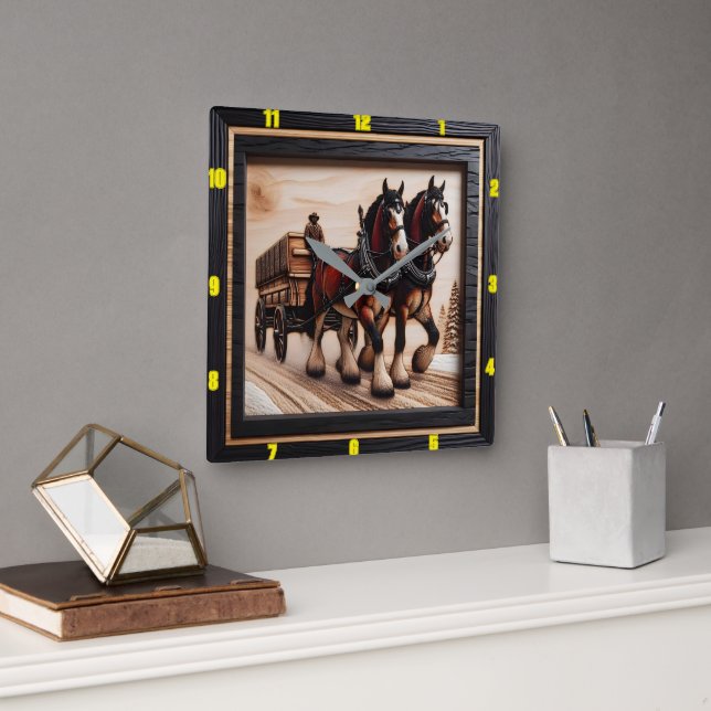 Winterreiten Bespoke Charred Wood Clydesdale Quadratische Wanduhr (Büro)