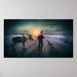 Winterrentiere und Kinderchristliche Weihnachtsdru Poster