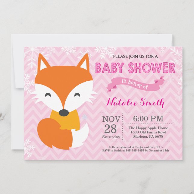 Winterrosa Fox-Mädchen-Babyparty-Einladung Einladung (Vorderseite)