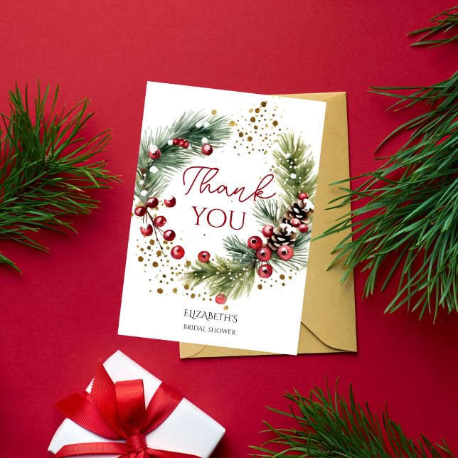 Winterrote Beeren Schneekiefern Dankeskarte (Winter red berries snowy pines wreath thank you card watercolor winter rustic elegant thank you card)