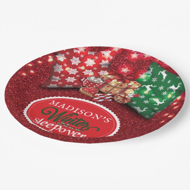 Winterruhe Personalisierter Glitzer Pappteller (Schrägansicht)