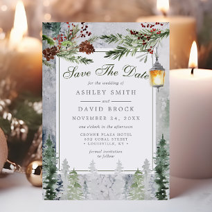 Winterrustikale Pine Lantern Save the Date Karte