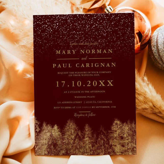 Winterschnee-burgundische Kiefernwälder Hochzeit Einladung (Winter snow burgundy pine trees forest wedding invitation)