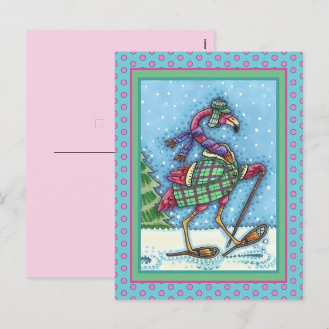 WINTERSCHNEE & COAT PINK FLAMINGO TREKKING FEIERTAGSPOSTKARTE (Vorne/Hinten)