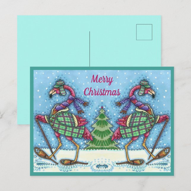 WINTERSCHNEE & COAT PINK FLAMINGO TREKKING FEIERTAGSPOSTKARTE (Vorne/Hinten)