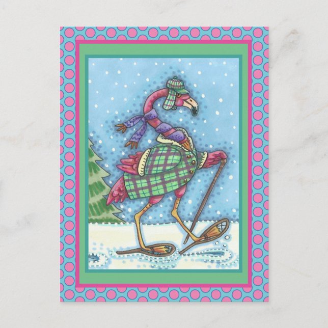 WINTERSCHNEE & COAT PINK FLAMINGO TREKKING FEIERTAGSPOSTKARTE (Vorderseite)