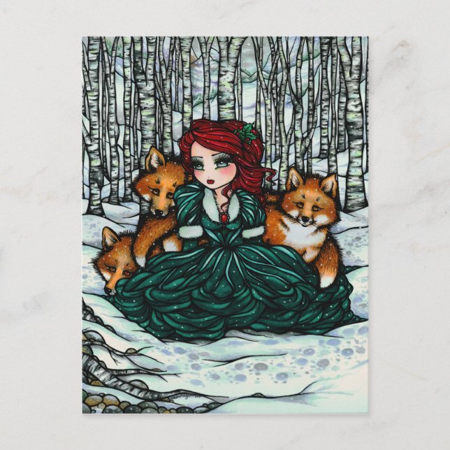 Winterschnee Foxes Forest Girl Fantasy Kunst, Dich Postkarte (Vorderseite)