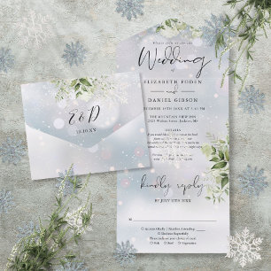 Winterschnee Grüne Blumendetails UAWG Hochzeit All In One Einladung