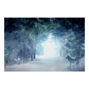 Winterschnee mit Wölfen im Evergreen Forest Poster