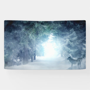 Winterschnee mit Wölfen im Evergreen-Wald Banner