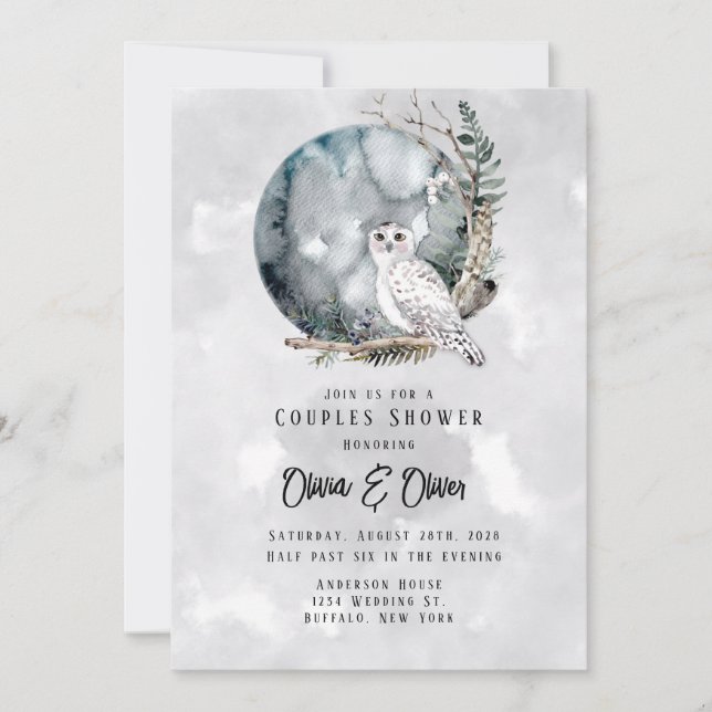 Winterschnee Owl Moon Wasserfarbe Paare Dusche Einladung (Vorderseite)