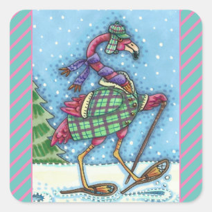 WINTERSCHNEE, PINKFLAMINGO, NIEDLICHE CHRISTMAS QUADRATISCHER AUFKLEBER