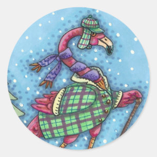 WINTERSCHNEE, PINKFLAMINGO, NIEDLICHE CHRISTMAS RUNDER AUFKLEBER