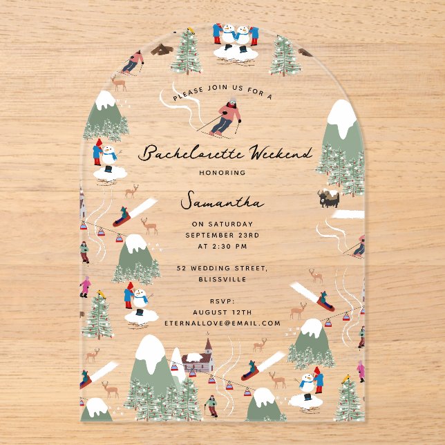 Winterschnee Ski Bachelorette Wochenende Acryleinladungen (Vorderseite)