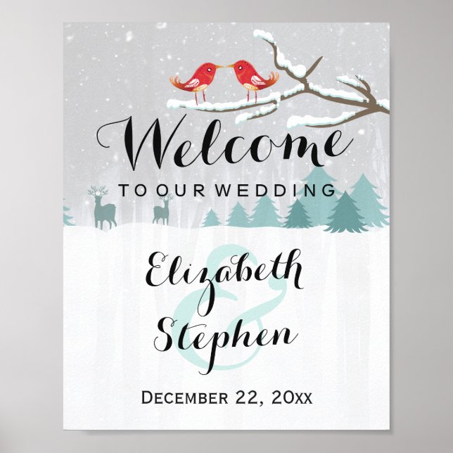 Winterschnee Wonderland Birds Rentier Hochzeitszei Poster (Vorne)