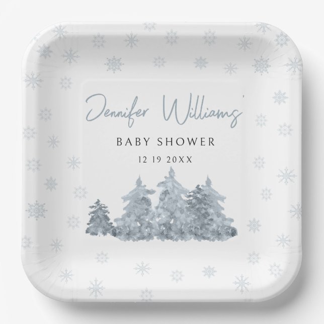 Winterschneebäume Babyduschpapier Teller (Vorderseite)