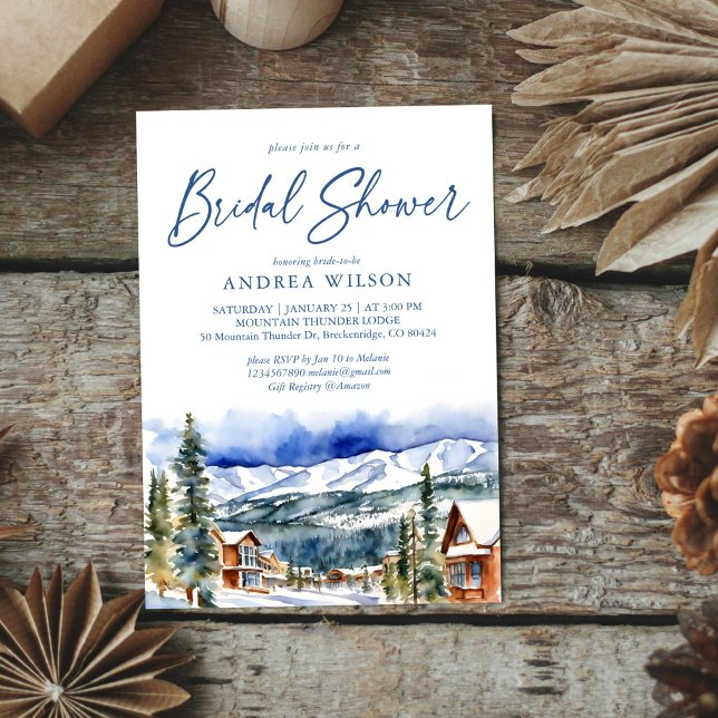 Winterschneedorf Brautparty Einladung (Winter bridal shower watercolor snowy mountain village scenery template invitation digital download)