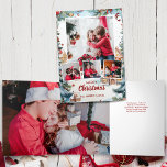 Winterschneedorf mit festlichem vier Foto Dreifach Gefaltete Karte<br><div class="desc">Feierliche und farbenfrohe Foto-Grußkarte mit drei quadratischen Fotos mit einem größeren Foto auf einem Hintergrund von niedlichen Winter schneebedeckten Weihnachtsfeiertagen mit einer verzierten Kieferngrenze. Enthält bearbeitbare Textfelder. Die Panels verfügen über zusätzliche Bildvorlagen.</div>