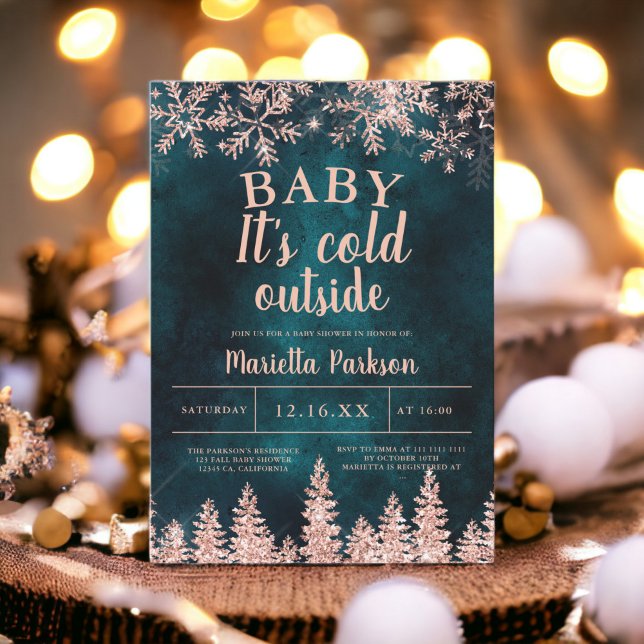 Winterschneedusche Rose Goldkiefer Einladung (Winter rose gold snow pine baby shower invitation)
