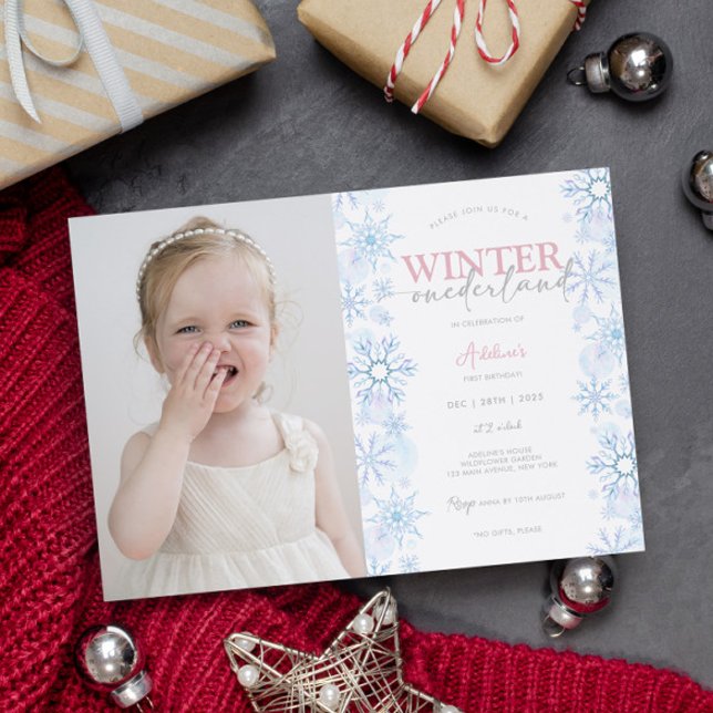 Winterschneeflocke 1. Geburtstag Onederland Foto Einladung (1st birthday girl invitations winter theme first birthday winter onederland cute with photo digital)