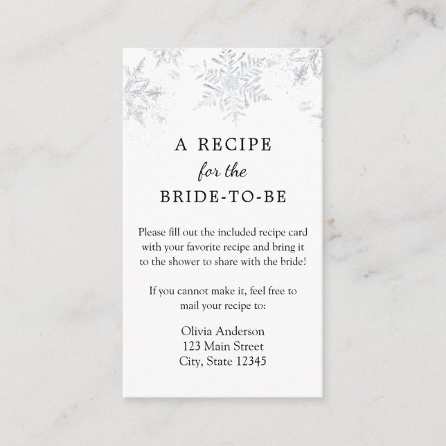 Winterschneeflocke Bridal-Rezept Begleitkarte (Vorderseite)