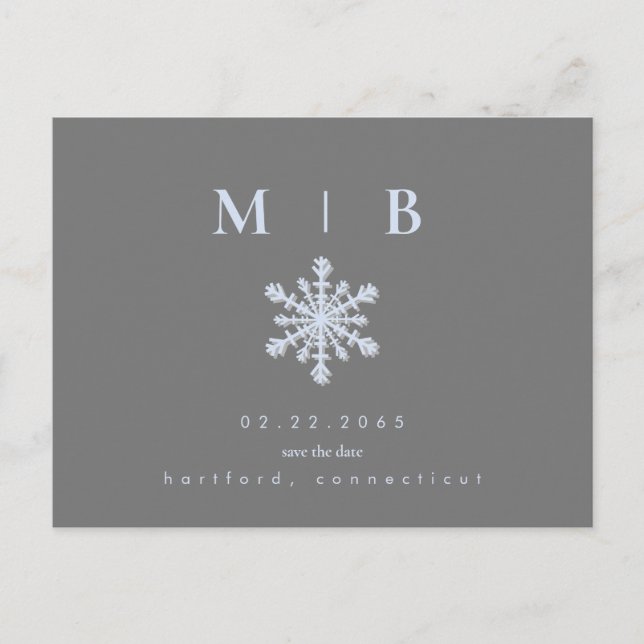 Winterschneeflocke Grau/Eisblau Monogramm Rett Dat Ankündigungspostkarte (Vorderseite)