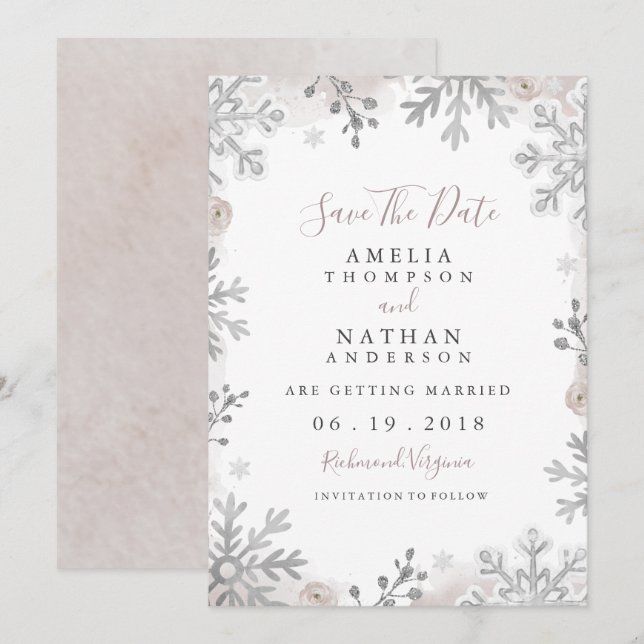 Winterschneeflocke Hochzeit rettet das Datum Einladung (Vorne/Hinten)