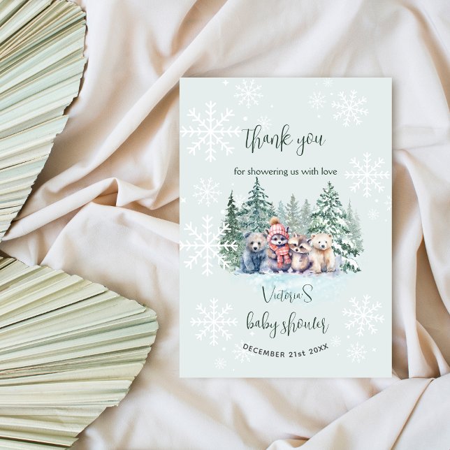Winterschneeflocke Woodland Tierbabyldusche Dankeskarte (Von Creator hochgeladen)