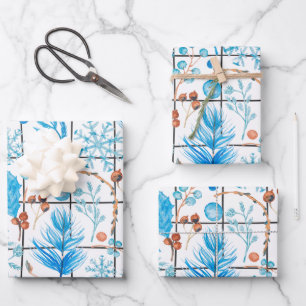 Winterschneeflocken blauer Beerenfedereis Geschenkpapier Set