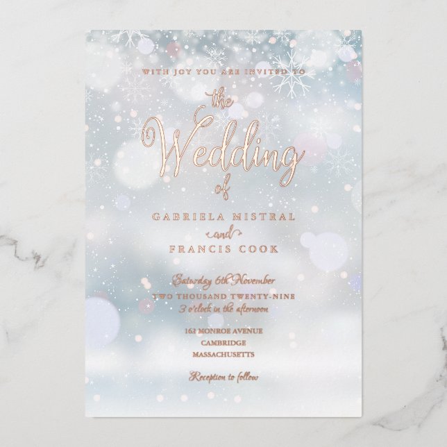 Winterschneeflocken Elegante Script-Hochzeit Folieneinladung (Vorderseite)