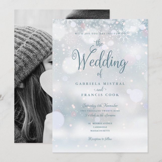 Winterschneeflocken Elegantes Script Foto Hochzeit Einladung (Vorne/Hinten)