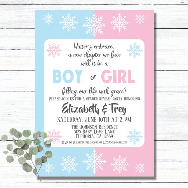 Winterschneeflocken-Genderoffenbarung Einladung (A simple snowflake themed invitation for a winter gender reveal.)