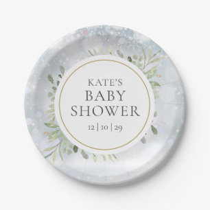 Winterschneeflocken Grüne Kinderdusche Pappteller