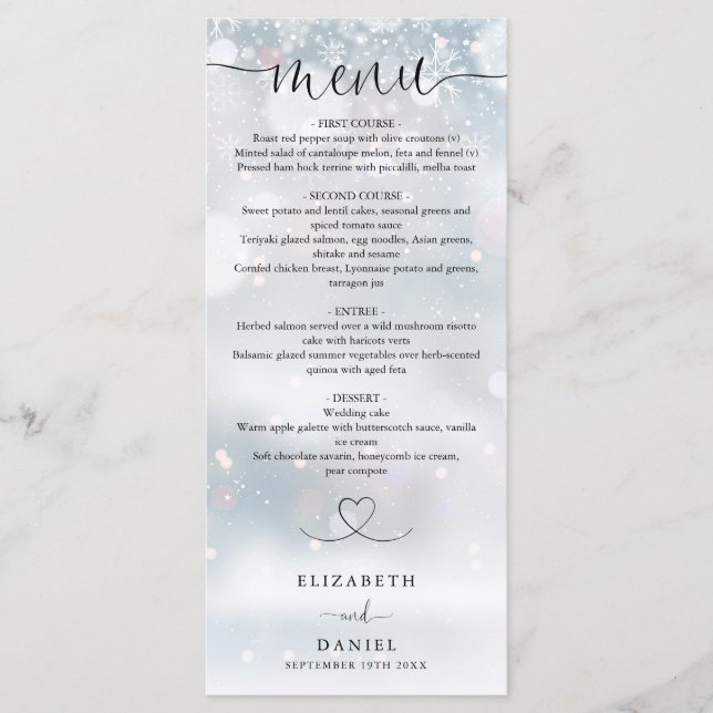 Winterschneeflocken Herzensskriptabend Hochzeitses Menükarte (Vorderseite)