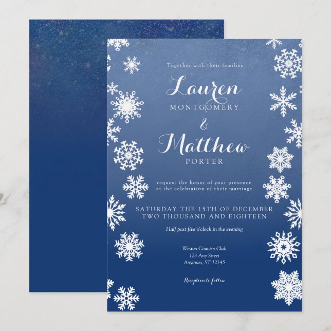 Winterschneeflocken-Hochzeit von Weiß und Navy Einladung (Vorne/Hinten)